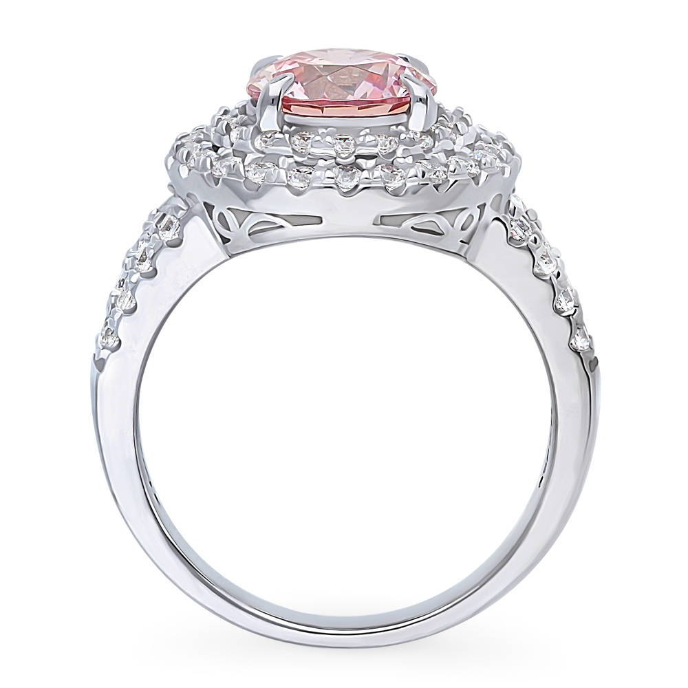 Halo Morganite-Pink CZ Split Shank Ring in Sterling Silver