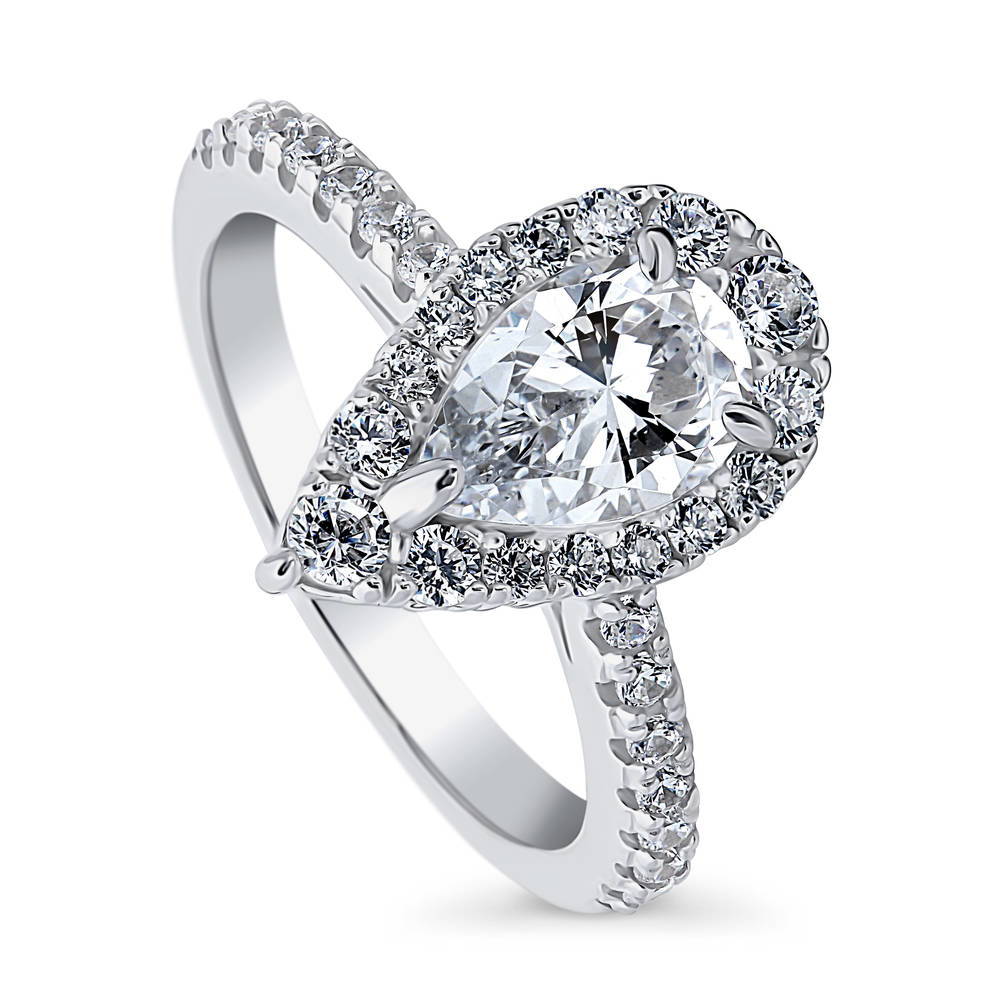Front view of Halo Pear CZ Ring in Sterling Silver