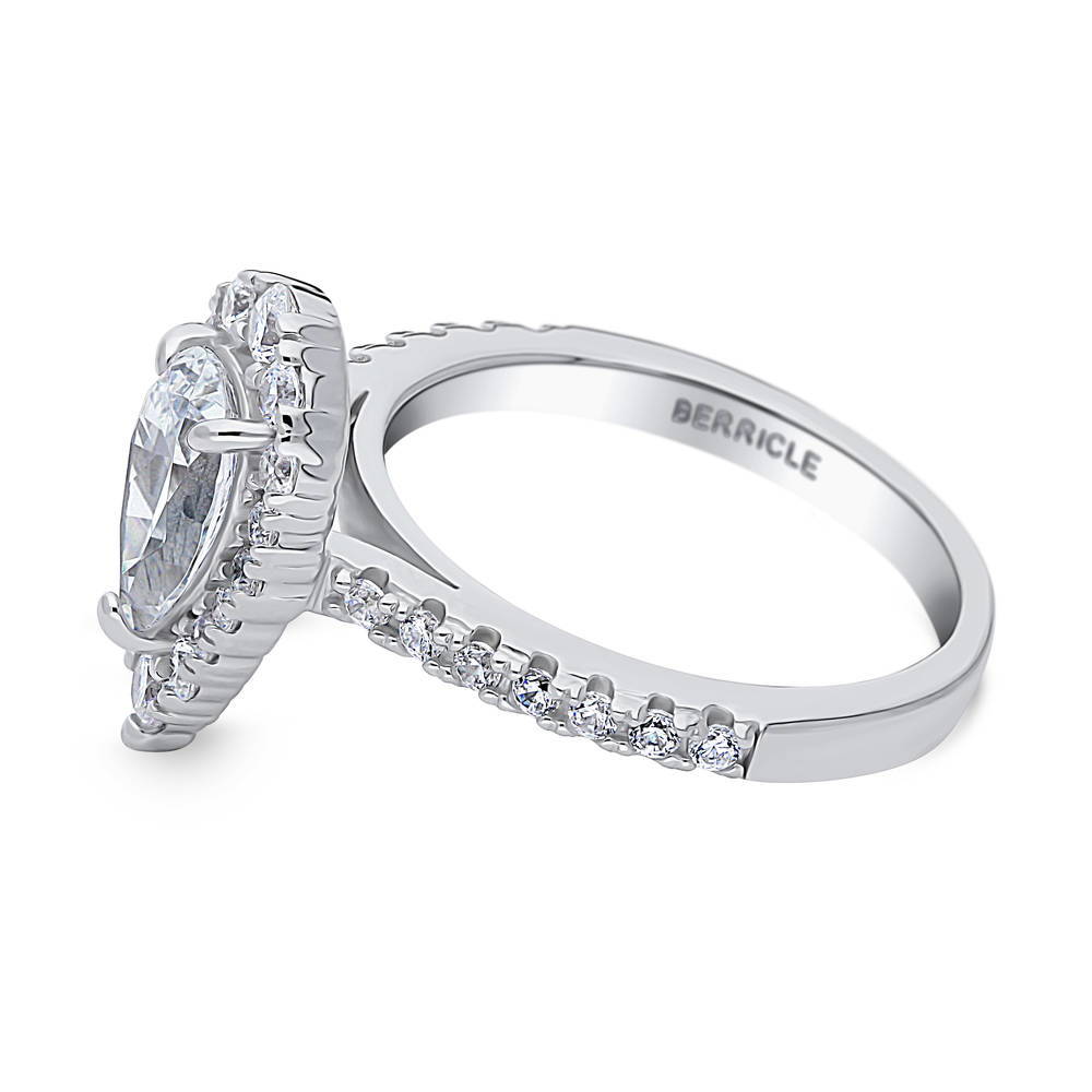 Angle view of Halo Pear CZ Ring in Sterling Silver