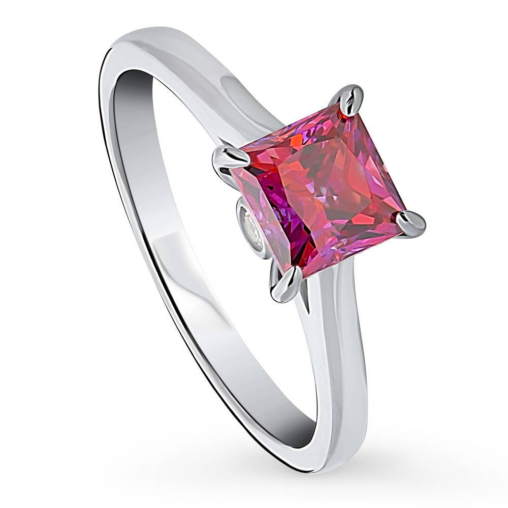 Front view of Solitaire Red Princess CZ Ring in Sterling Silver 1.2ct