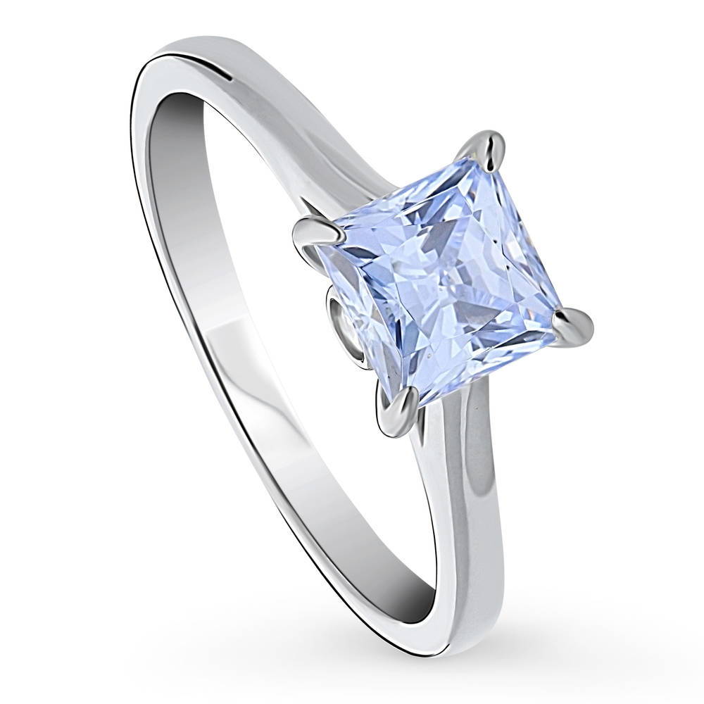 Front view of Solitaire Greyish Blue Princess CZ Ring in Sterling Silver 1.2ct, 4 of 9