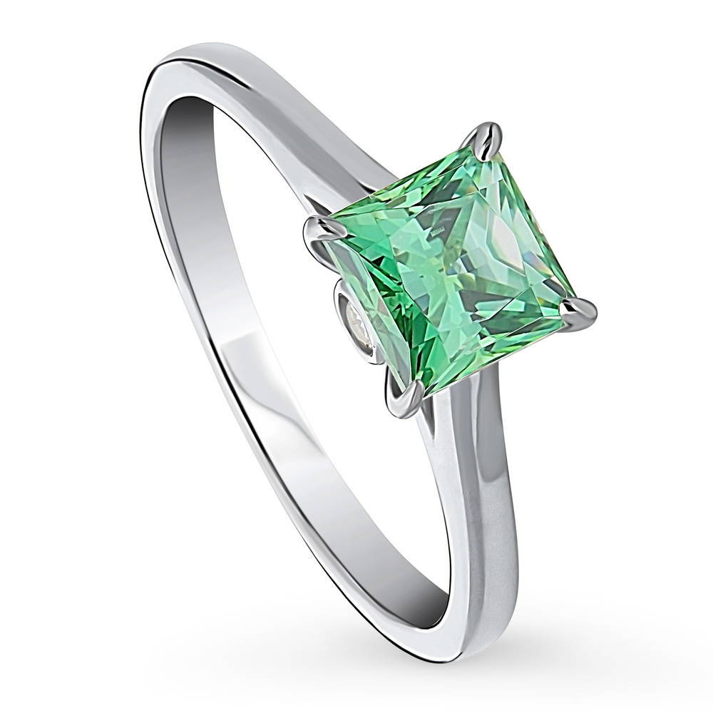 Front view of Solitaire Green Princess CZ Ring in Sterling Silver 1.2ct