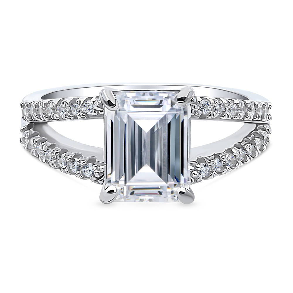 Solitaire Emerald Cut CZ Split Shank Ring in Sterling Silver