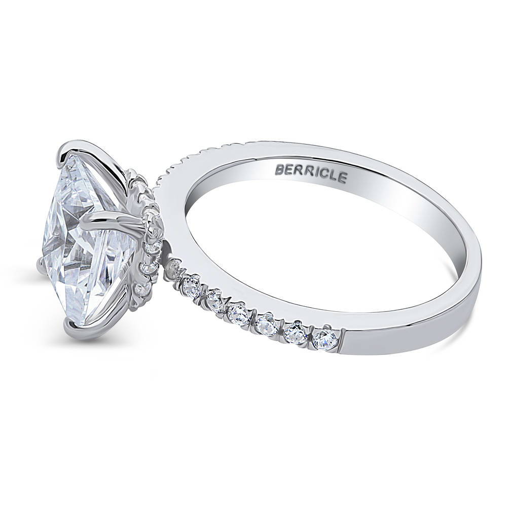 Angle view of Solitaire Hidden Halo 3ct Princess CZ Ring in Sterling Silver
