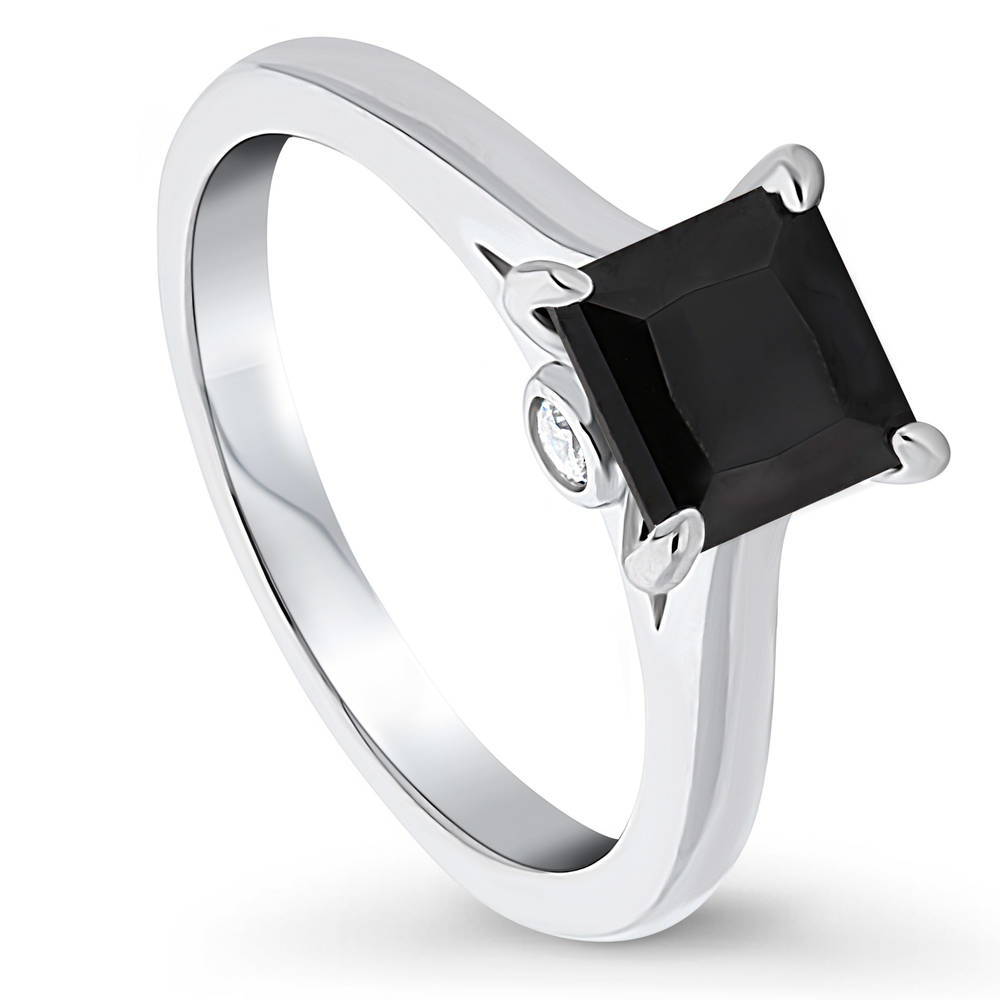 Front view of Solitaire Black Princess CZ Ring in Sterling Silver 1.2ct