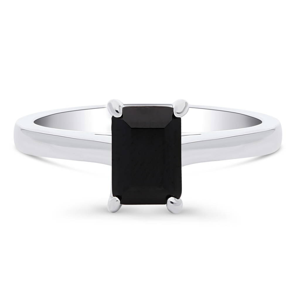 Solitaire Black Emerald Cut CZ Ring in Sterling Silver 1ct