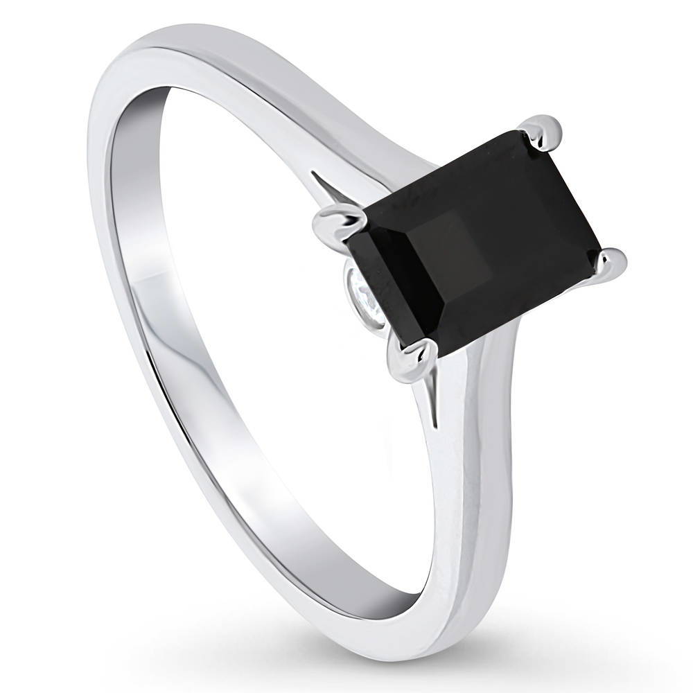 Front view of Solitaire Black Emerald Cut CZ Ring in Sterling Silver 1ct