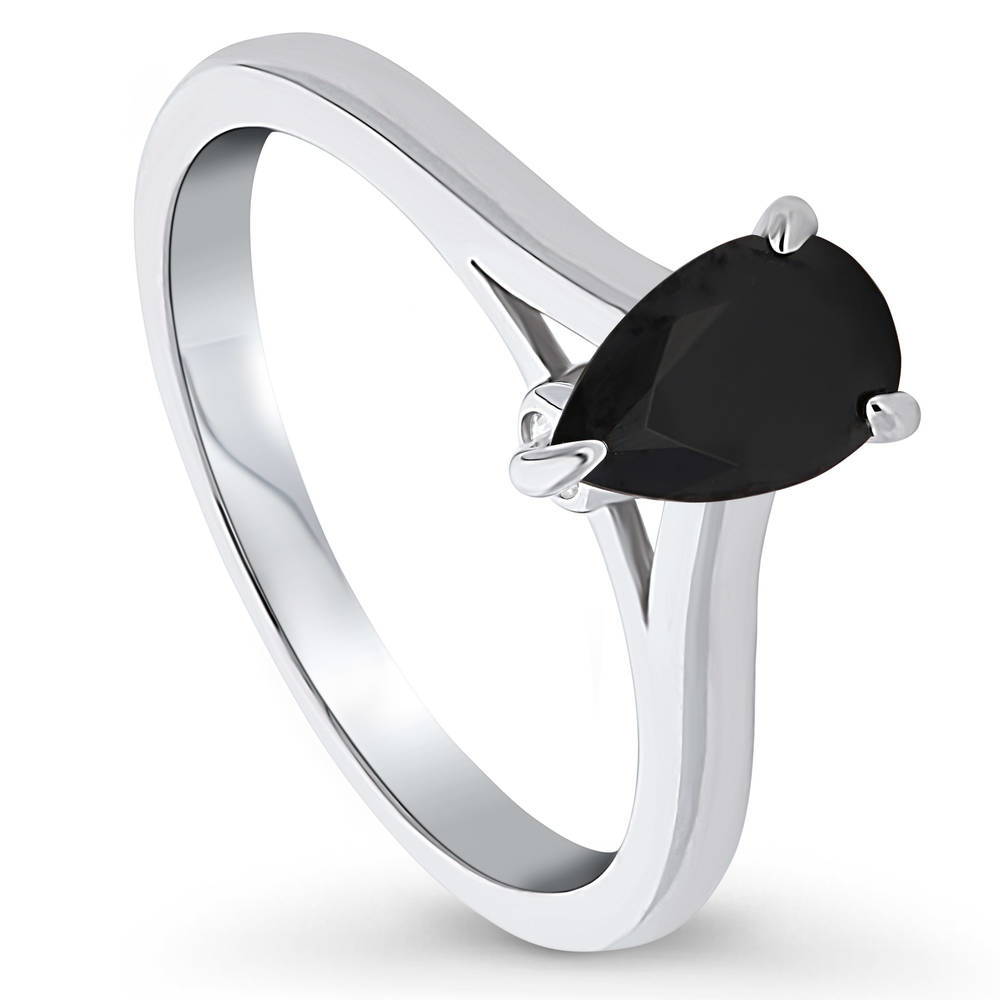 Front view of Solitaire Black Pear CZ Ring in Sterling Silver 0.8ct