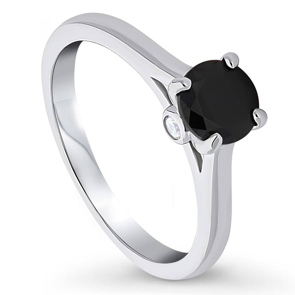 Front view of Solitaire Black Round CZ Ring in Sterling Silver 0.8ct
