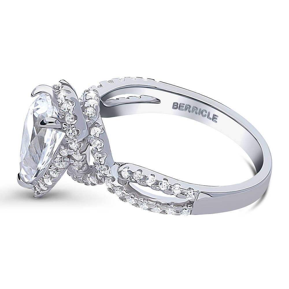 Angle view of Woven Halo CZ Ring in Sterling Silver