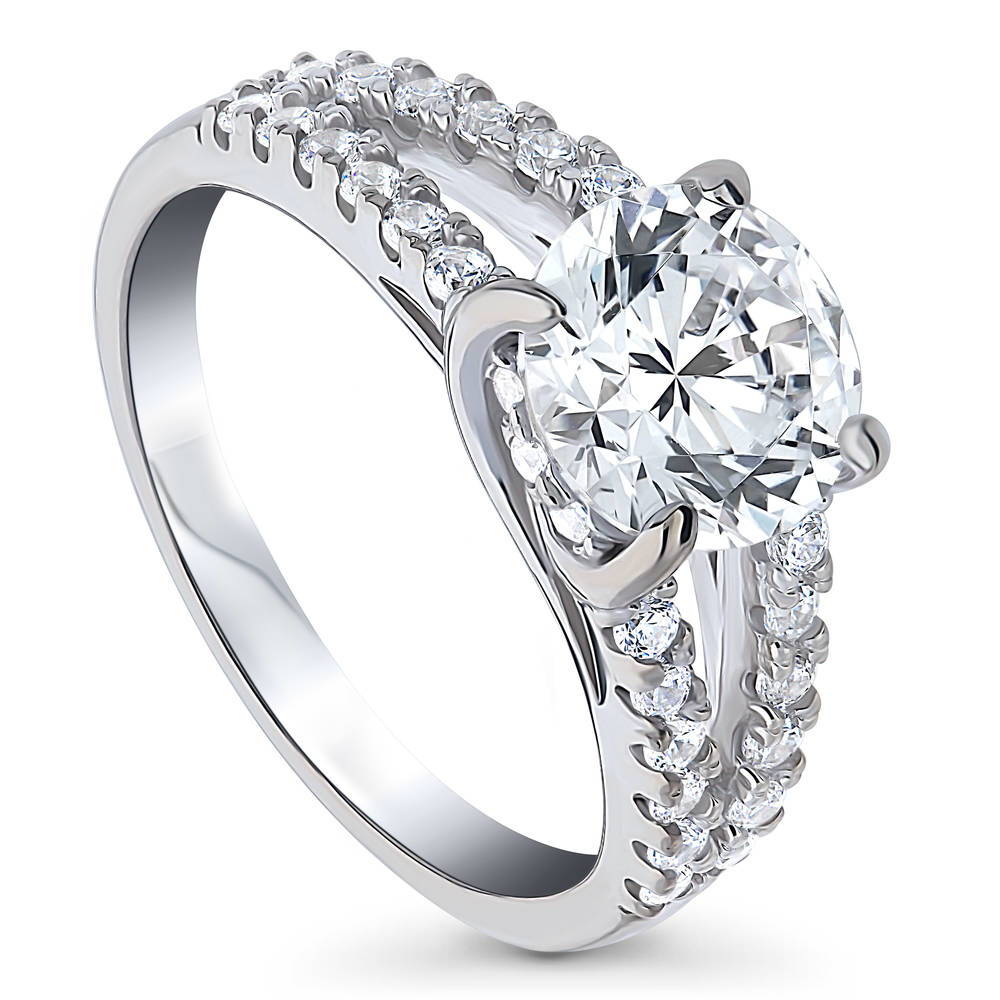 Front view of Solitaire 2ct Round CZ Split Shank Ring in Sterling Silver