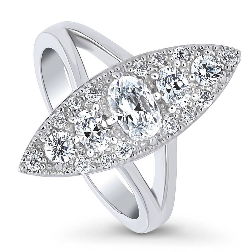 Front view of 5-Stone Navette CZ Statement Split Shank Ring in Sterling Silver