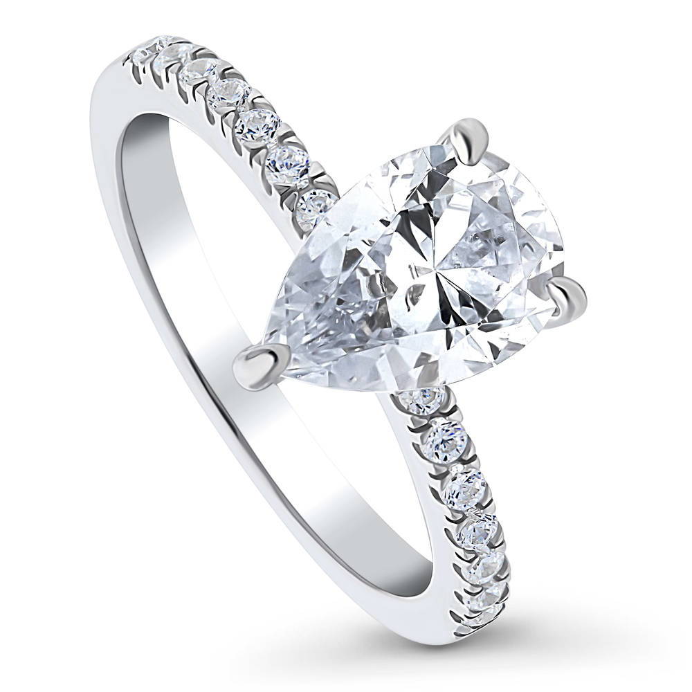 Front view of Solitaire Hidden Halo 1.8ct Pear CZ Ring in Sterling Silver