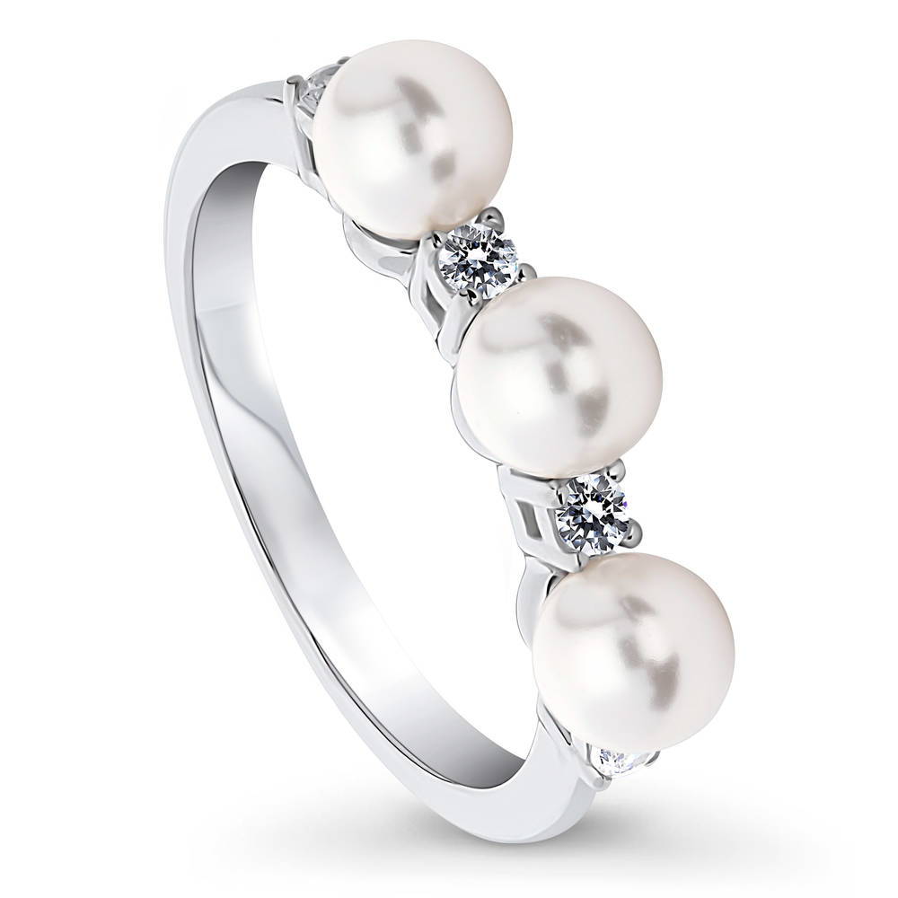 Front view of Ball Bead Imitation Pearl Ring in Sterling Silver