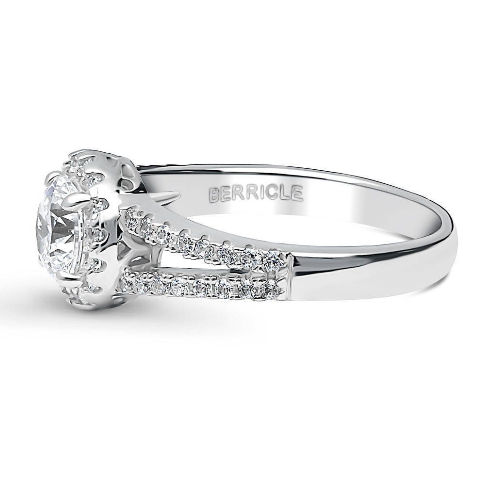 Angle view of Halo Round CZ Split Shank Ring in Sterling Silver