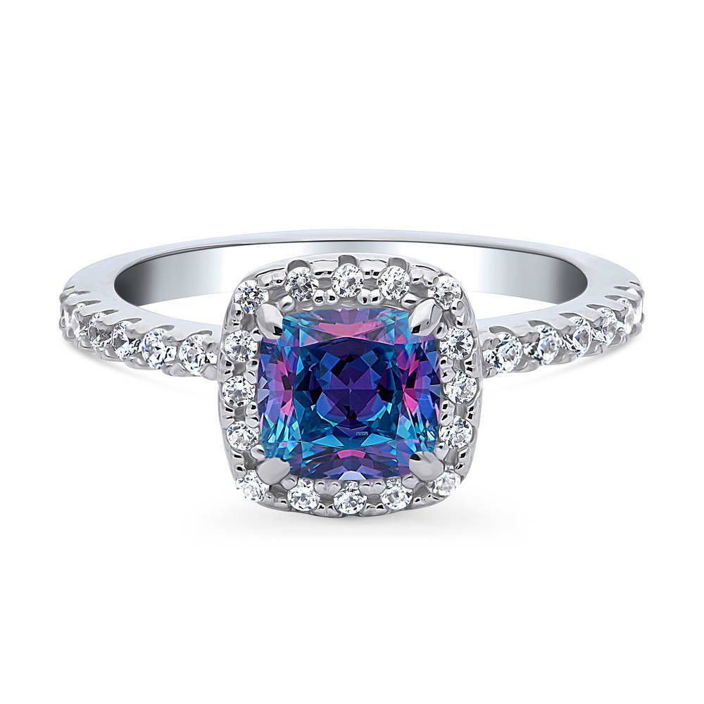 Halo Kaleidoscope Purple Aqua Cushion CZ Ring in Sterling Silver