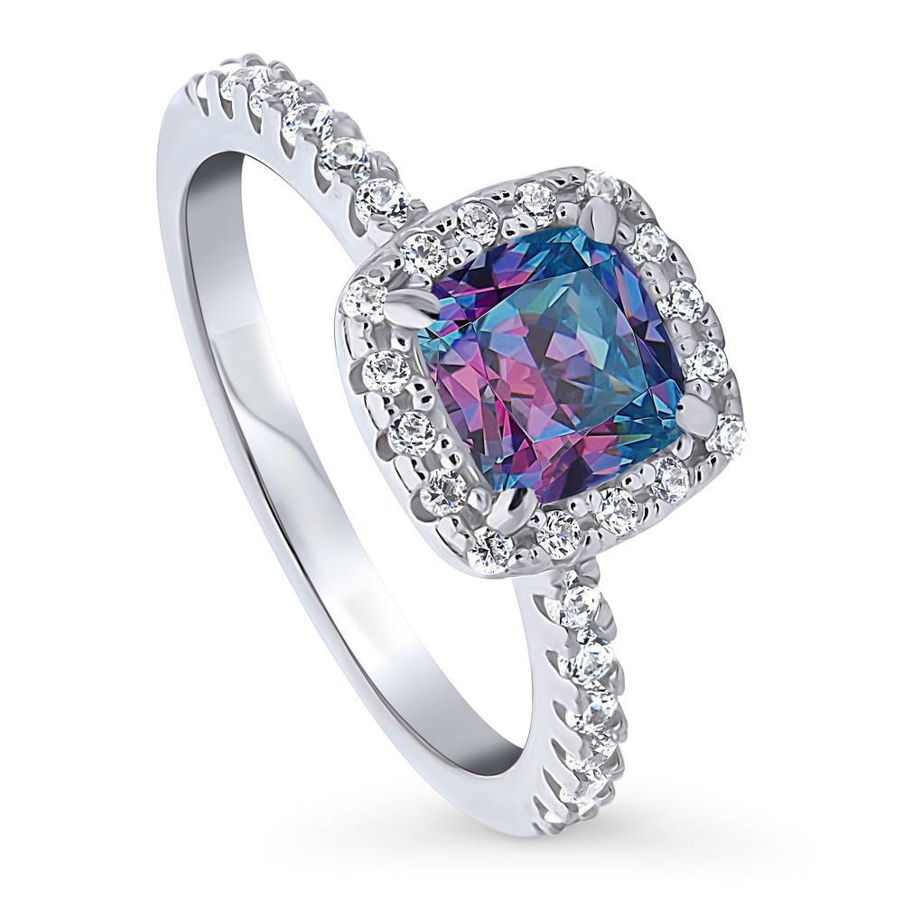 Halo Kaleidoscope Purple Aqua Cushion CZ Ring in Sterling Silver