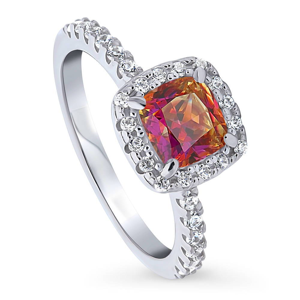 Front view of Halo Kaleidoscope Red Orange Cushion CZ Ring in Sterling Silver