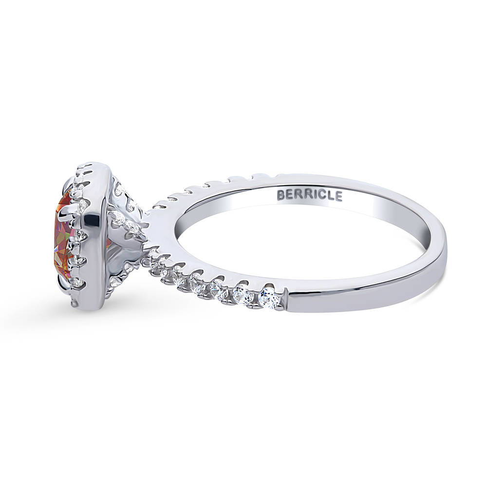 Angle view of Halo Kaleidoscope Red Orange Cushion CZ Ring in Sterling Silver
