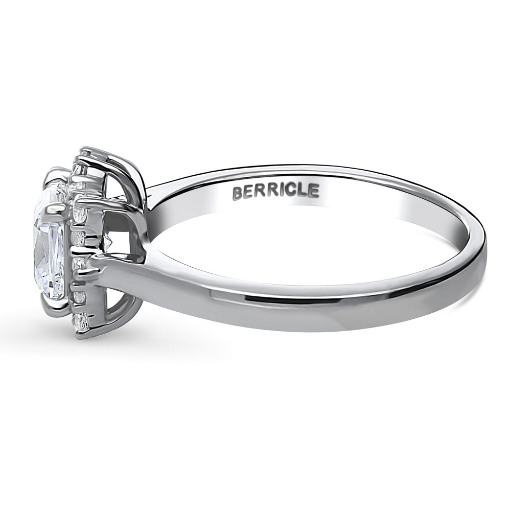 Angle view of Sunburst Halo CZ Ring in Sterling Silver