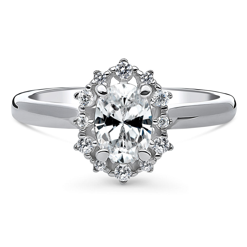 Halo Art Deco Oval CZ Ring in Sterling Silver