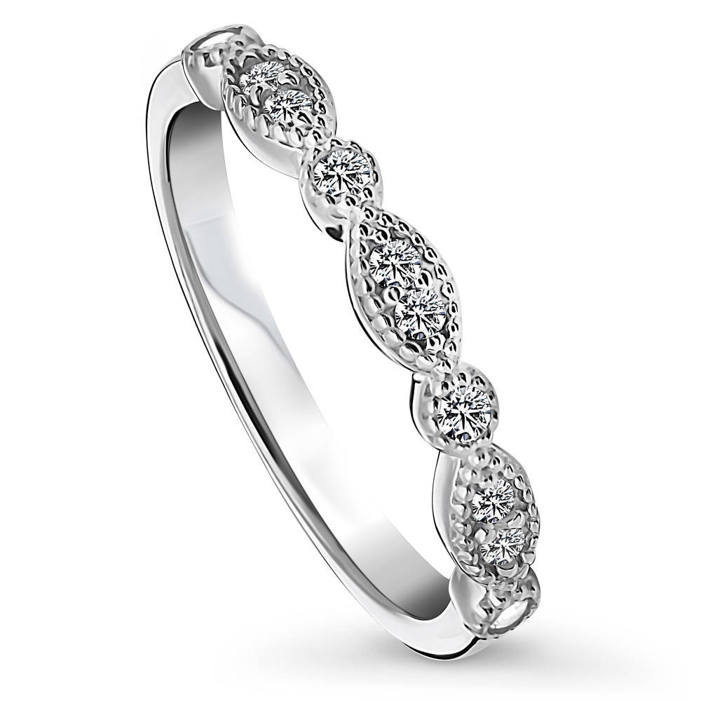 Front view of Milgrain Art Deco Crown Set CZ Half Eternity Ring in Sterling Silver