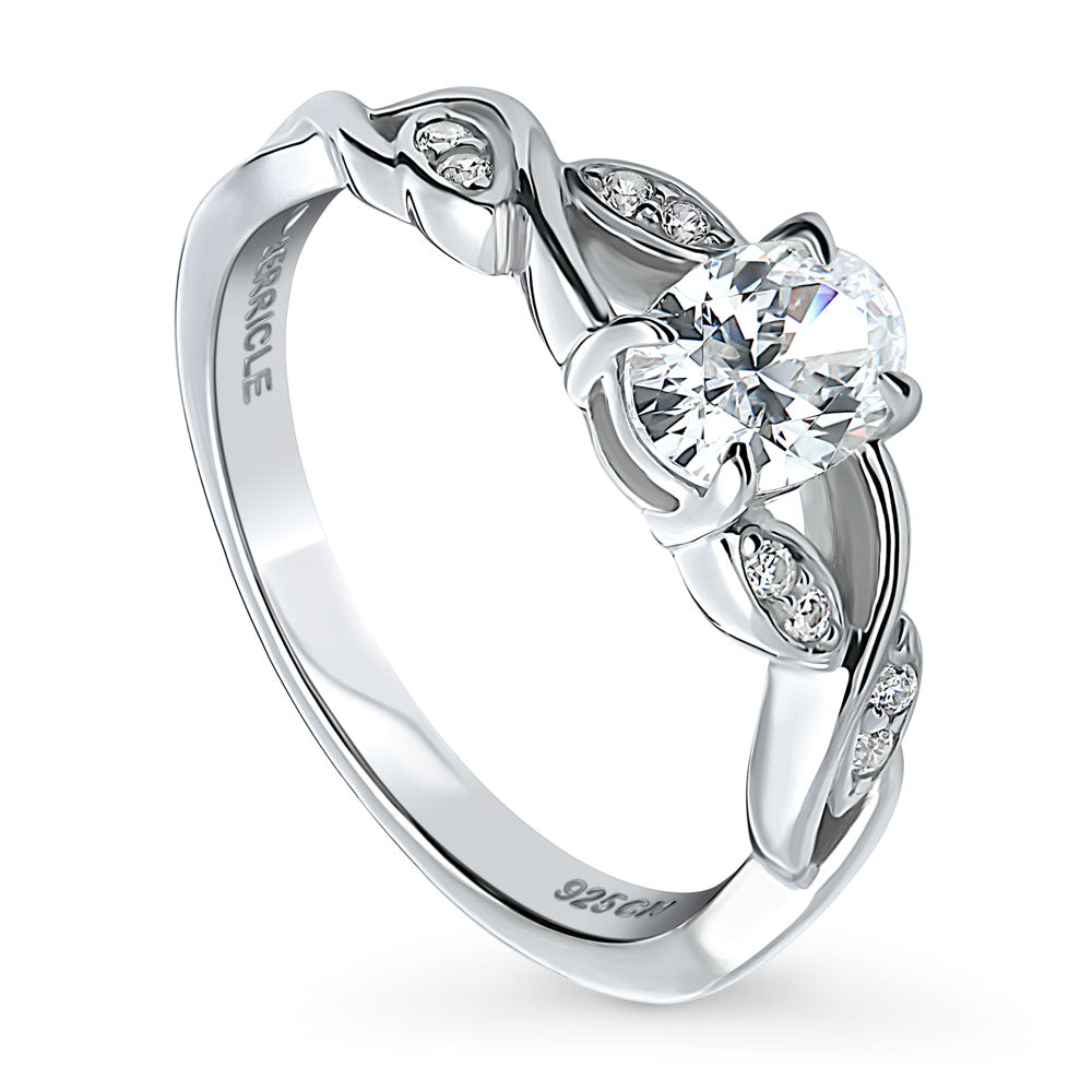 Front view of Leaf Solitaire CZ Ring in Sterling Silver