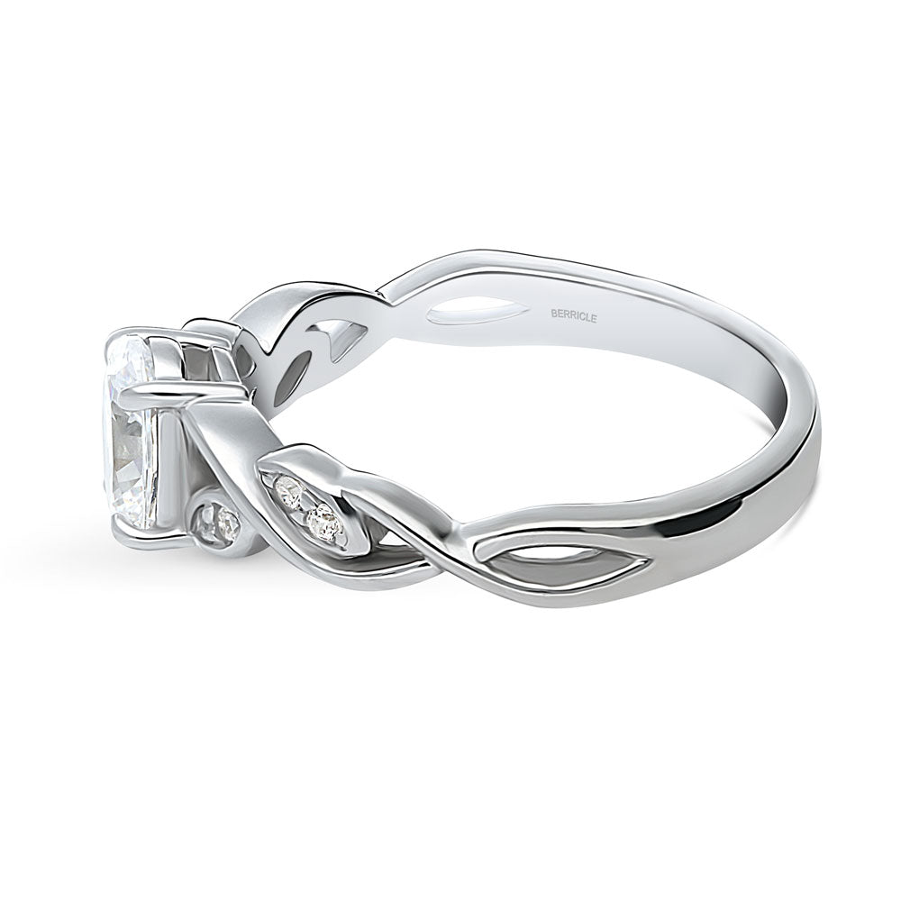 Angle view of Leaf Solitaire CZ Ring in Sterling Silver