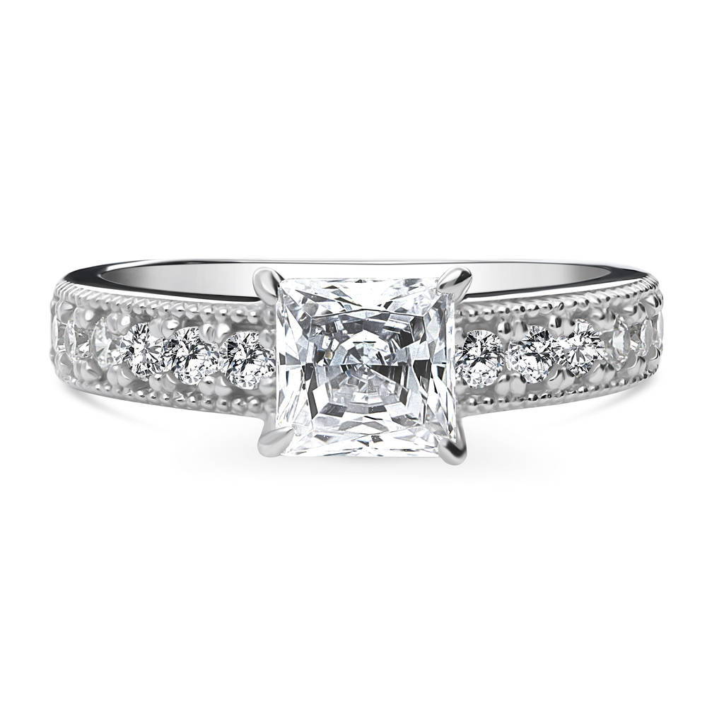 Solitaire Milgrain 1.2ct Princess CZ Ring in Sterling Silver