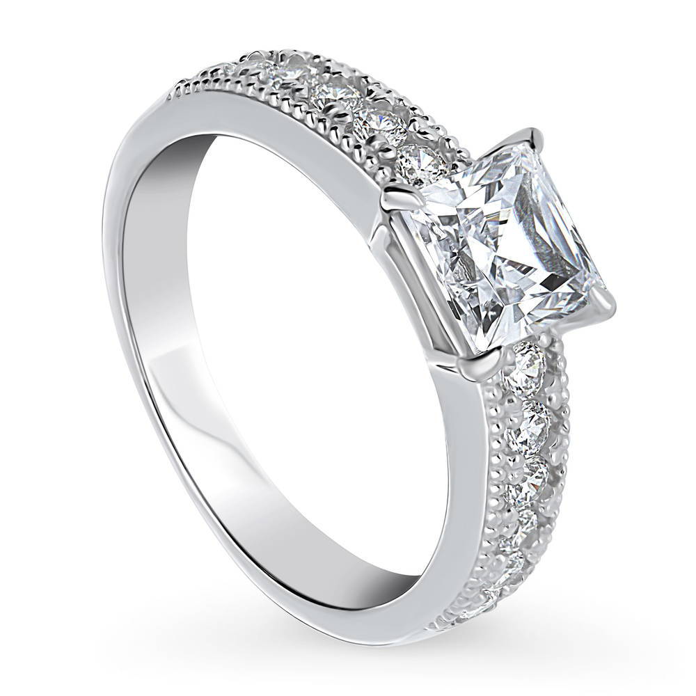 Front view of Solitaire Milgrain 1.2ct Princess CZ Ring in Sterling Silver