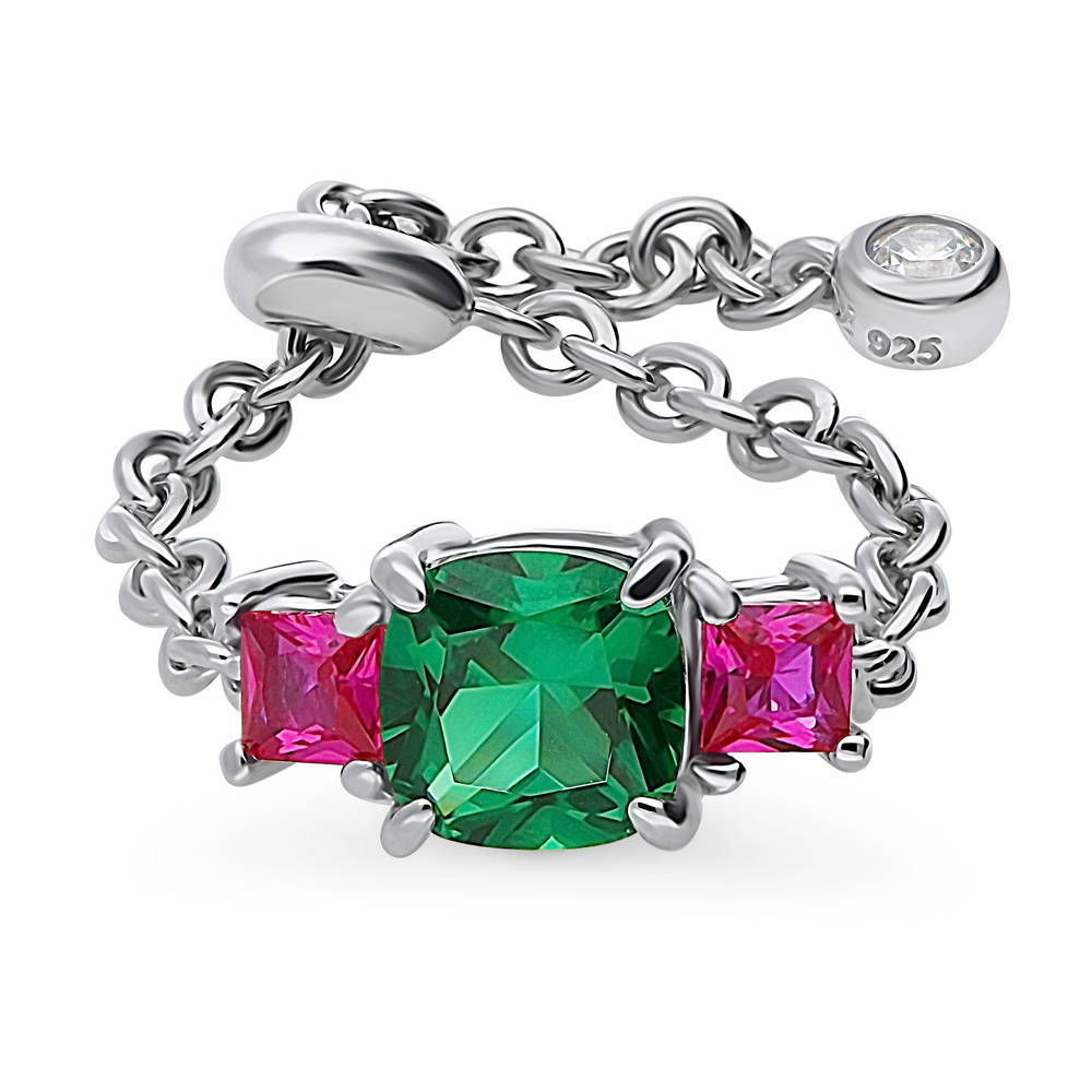 3-Stone Simulated Emerald Cushion CZ Chain Ring in Sterling Silver