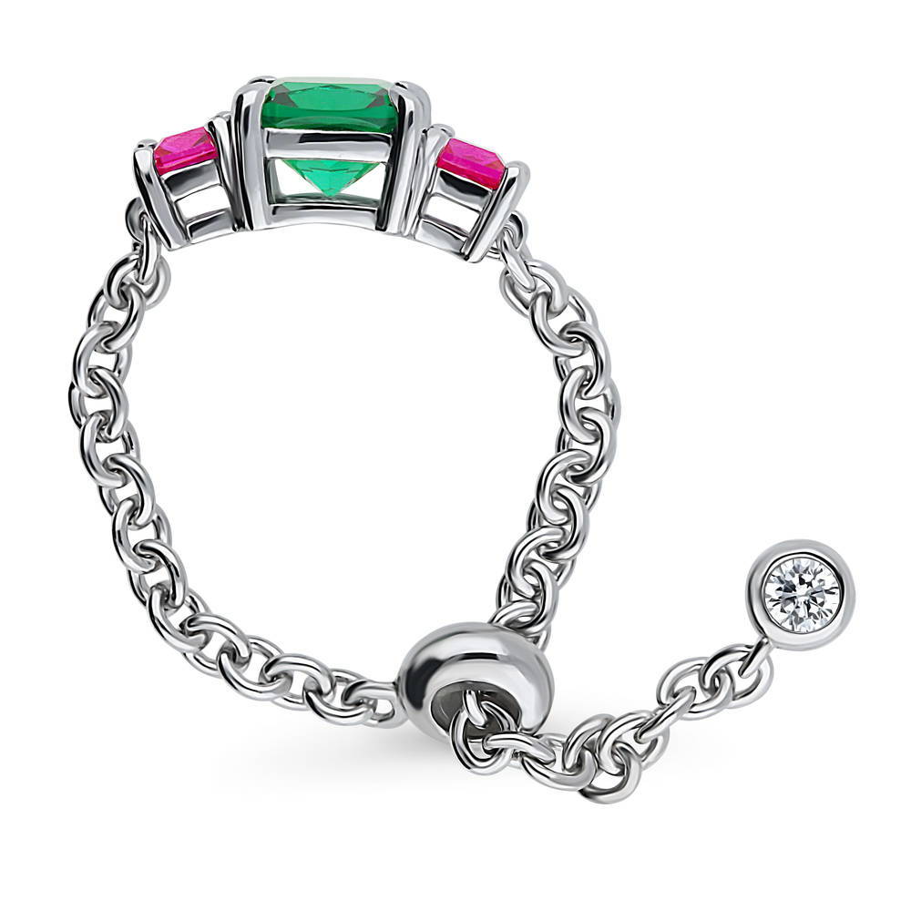 3-Stone Simulated Emerald Cushion CZ Chain Ring in Sterling Silver