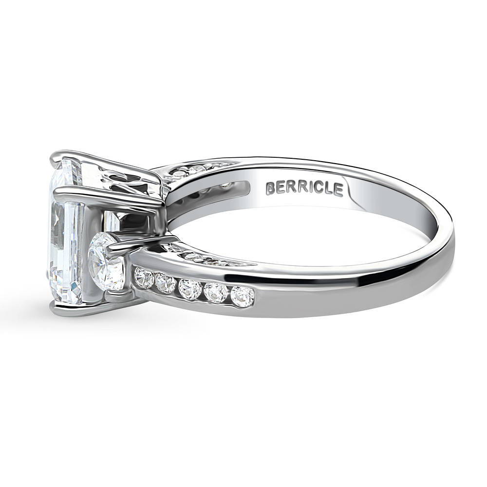 Angle view of 3-Stone Emerald Cut CZ Ring in Sterling Silver