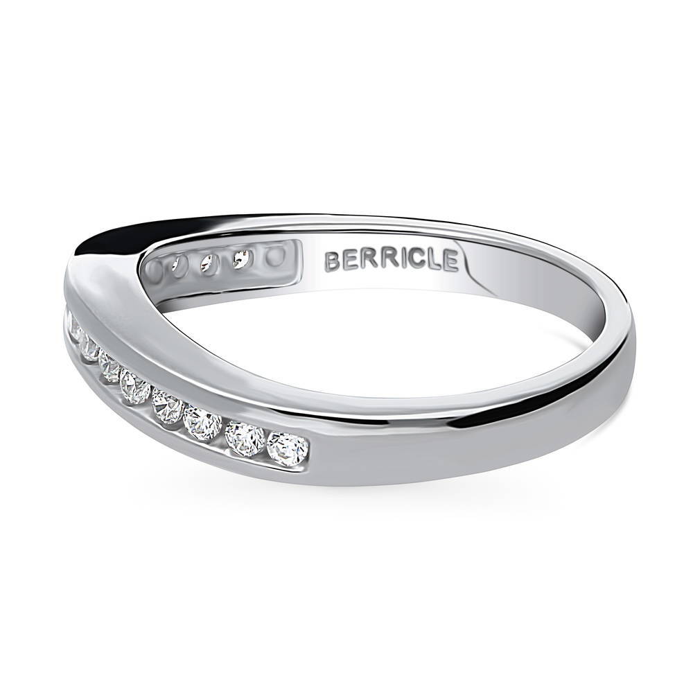Angle view of Channel Set CZ Curved Half Eternity Ring in Sterling Silver
