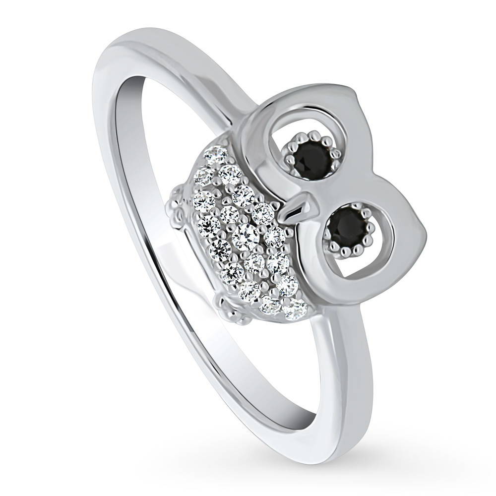 Front view of Owl CZ Ring in Sterling Silver
