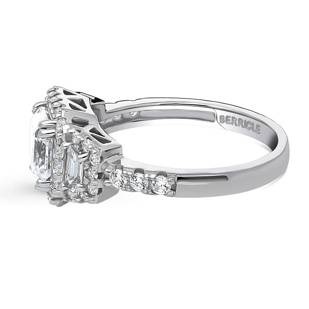 Angle view of Halo 3-Stone Asscher CZ Statement Ring in Sterling Silver