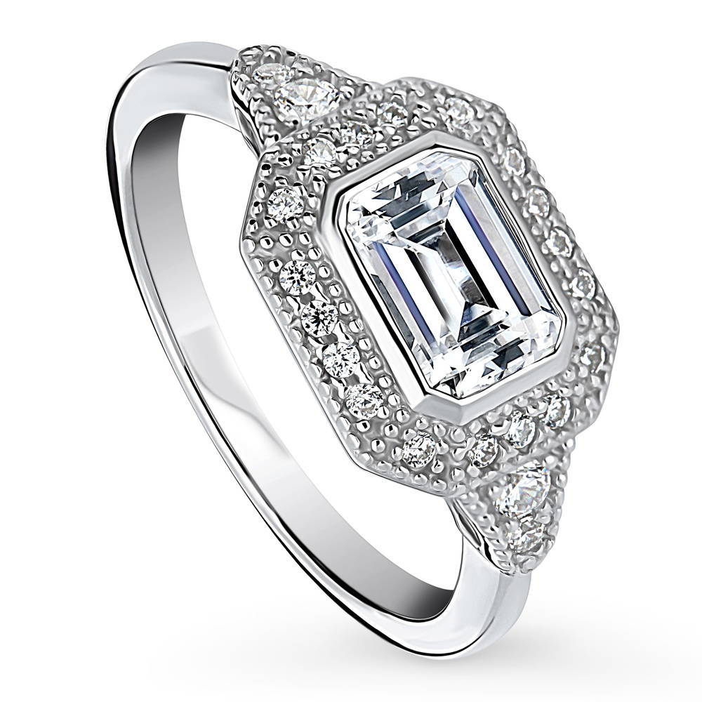 Front view of Halo East-West Emerald Cut CZ Ring in Sterling Silver