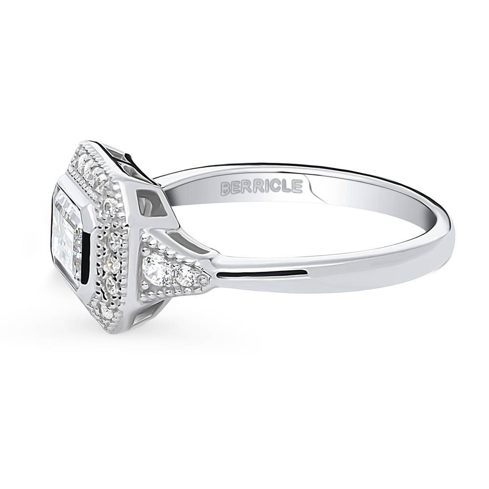 Angle view of Halo East-West Emerald Cut CZ Ring in Sterling Silver