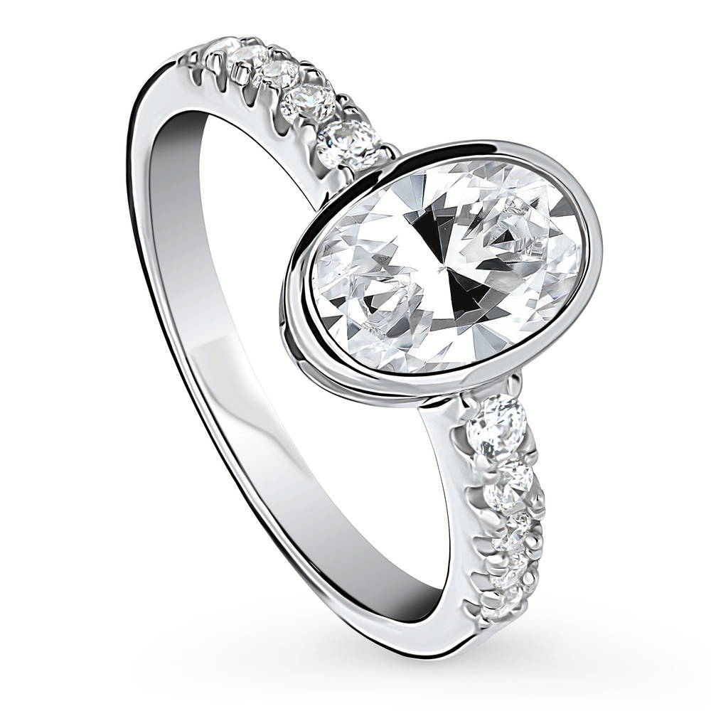 Front view of Solitaire 1.4ct Bezel Set Oval CZ Ring in Sterling Silver