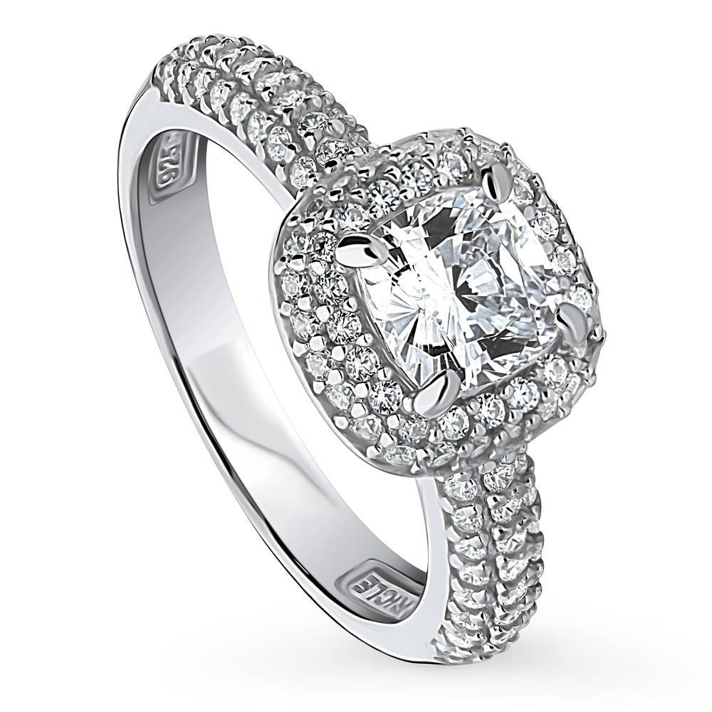 Front view of Halo Cushion CZ Ring in Sterling Silver