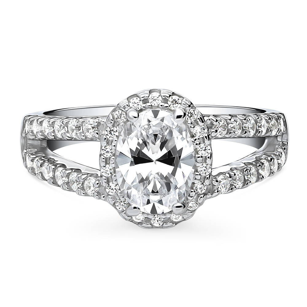 Halo Oval CZ Split Shank Ring in Sterling Silver