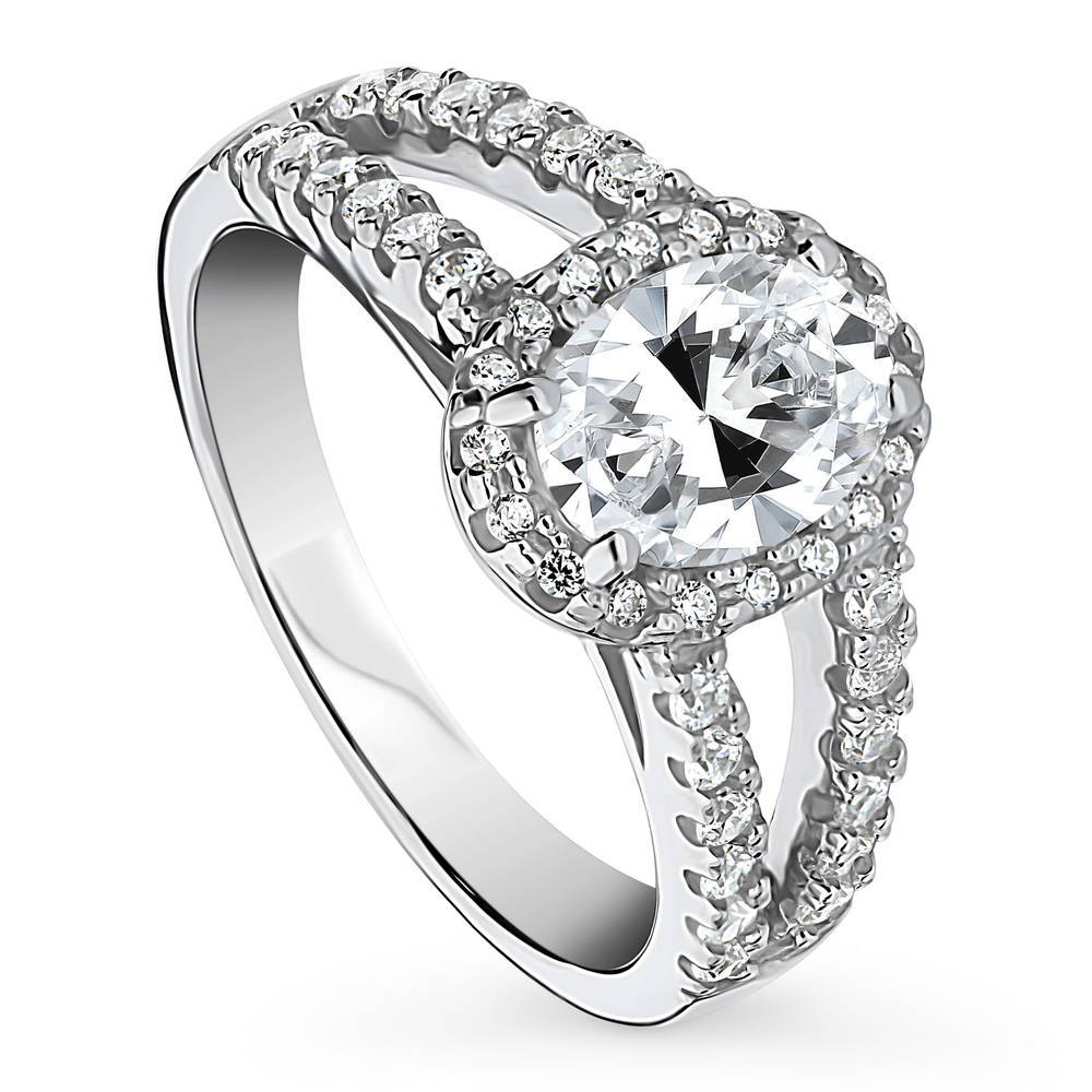 Halo Oval CZ Split Shank Ring in Sterling Silver