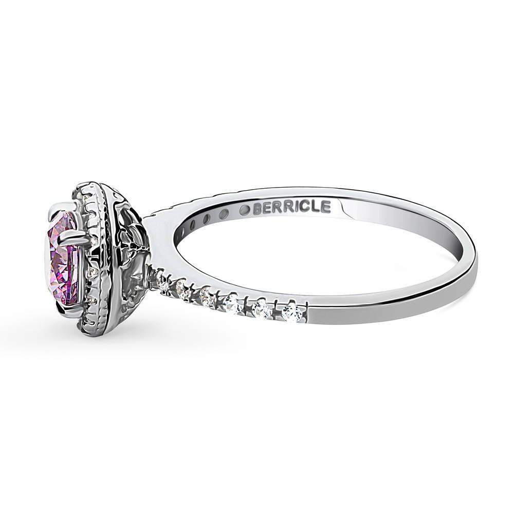 Angle view of Halo Purple Round CZ Ring in Sterling Silver