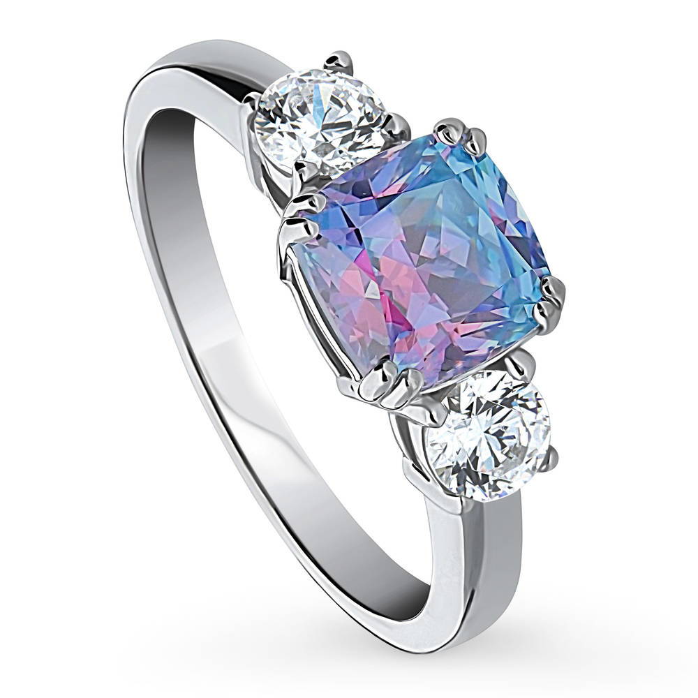 Front view of 3-Stone Kaleidoscope Purple Aqua Cushion CZ Ring in Sterling Silver