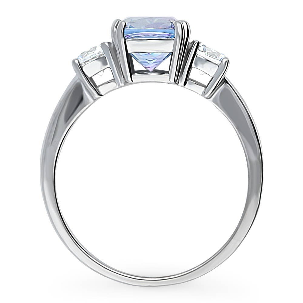 Alternate view of 3-Stone Kaleidoscope Purple Aqua Cushion CZ Ring in Sterling Silver