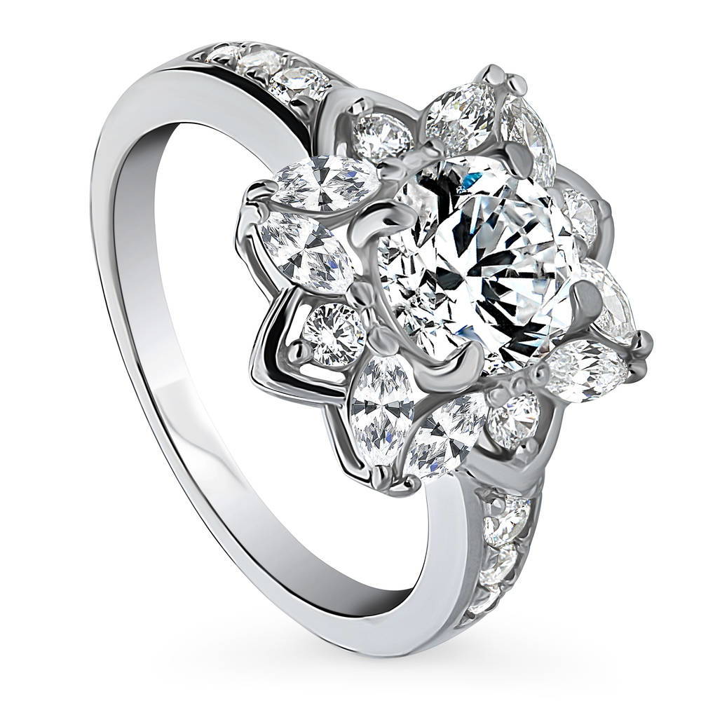 Front view of Flower Halo CZ Ring in Sterling Silver