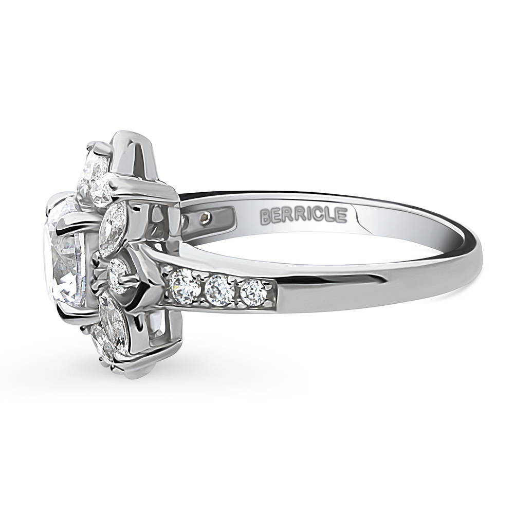 Angle view of Flower Halo CZ Ring in Sterling Silver