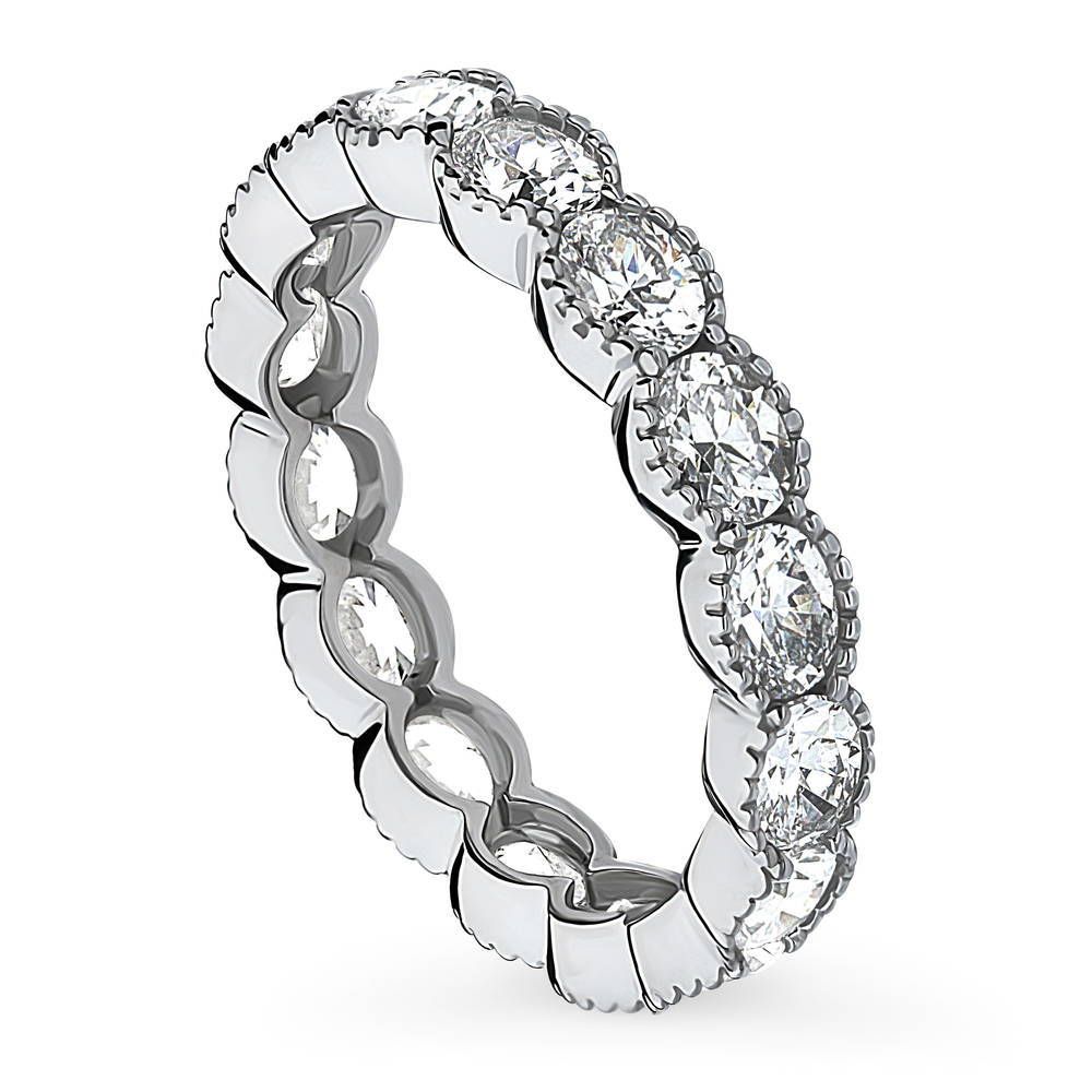 Front view of East-West Milgrain Bezel Set Oval CZ Eternity Ring in Sterling Silver