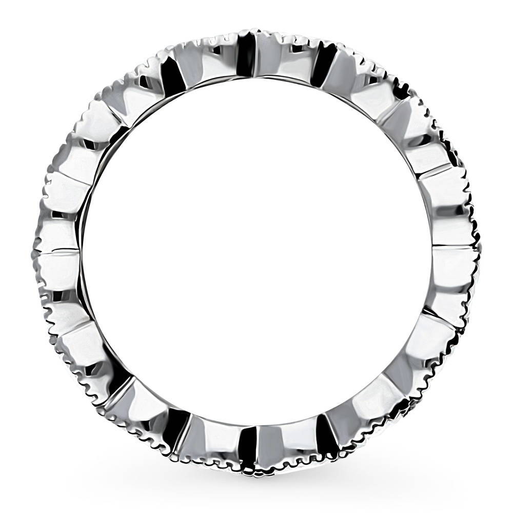 Angle view of East-West Milgrain Bezel Set Oval CZ Eternity Ring in Sterling Silver