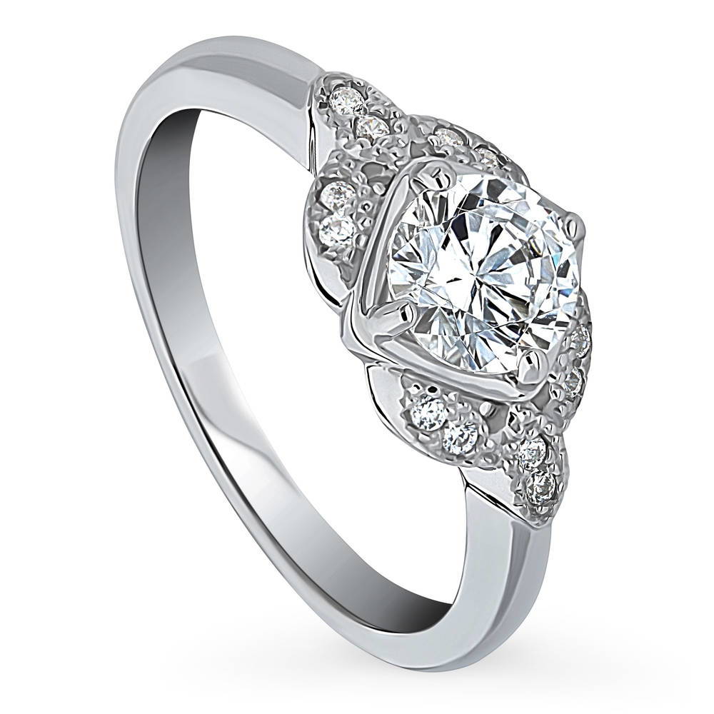 Front view of Flower Solitaire CZ Ring in Sterling Silver, 4 of 10